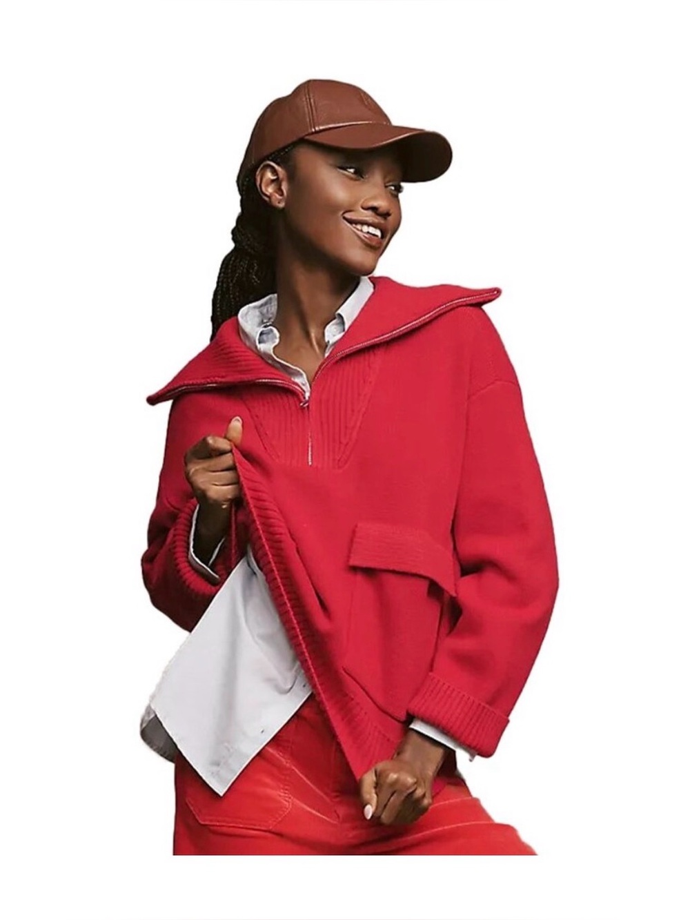 Anthropologie women’s Red Zip-Neck Knit Sweater with Pockets